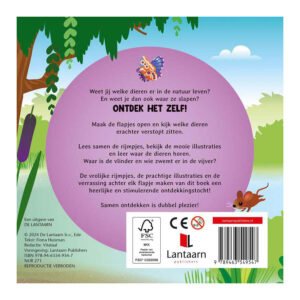 Achterkant van kinderboek met uitleg over dieren ontdekken in de natuur.