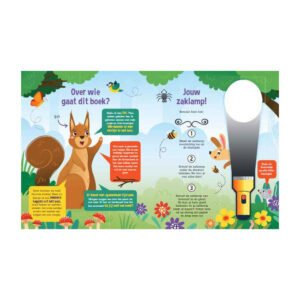 Interactieve pagina uit kinderboek met eekhoorn Evi, zaklamp en bosdieren