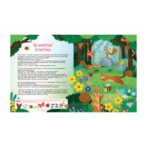 Illustratie van eekhoorns en bosdieren in kleurrijk bos vol bloemen en insecten uit kinderboek