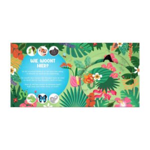 Interactieve junglepagina met kleurrijke bloemen en verborgen dieren