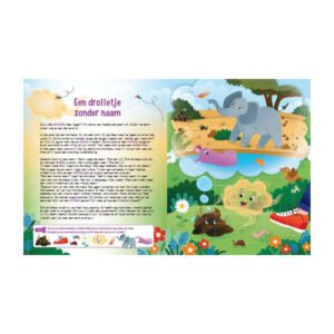 Kinderboekpagina met olifant, nijlpaard en pratende drol in kleurrijke jungle