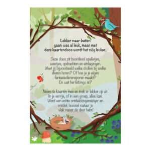 Illustratie van natuurkaartenset met uitleg over spelletjes en opdrachten voor kinderen in de natuur.