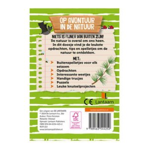 Achterkant van het spel 'Op avontuur in de natuur' met informatie over spelletjes, opdrachten en weetjes.