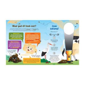 Uitlegpagina uit kinderboek over scheetjes en drollen met dieren en zaklamp