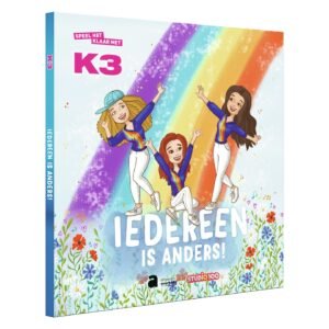 3D weergave van het K3 boek Iedereen is Anders met kleurrijke regenboog en bloemen