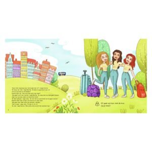 Illustratie van K3-meisjes die klaarstaan met koffers voor een bustour in kleurrijk landschap