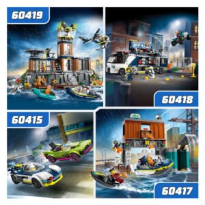 Overzicht van LEGO City sets 60415, 60417, 60418 en 60419 met actievolle scènes