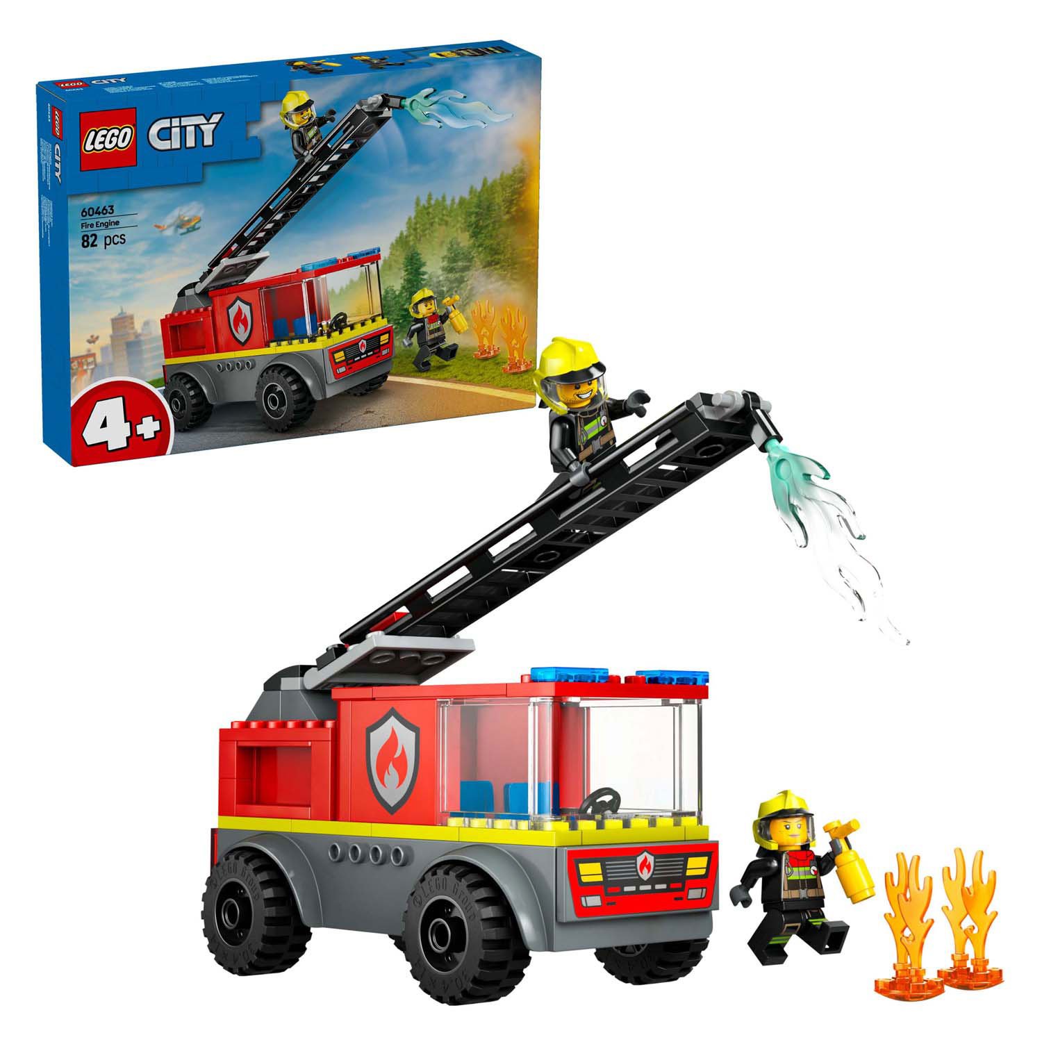 lego-city-brandweerwagen-afbeelding-met-verpakking Speelafbeelding van LEGO City 60463 brandweerauto in actie met waterstraal