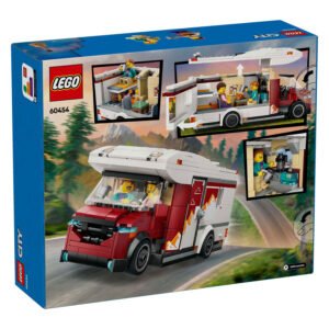 Achterkant van LEGO City 60454 doos met speelfuncties van camper
