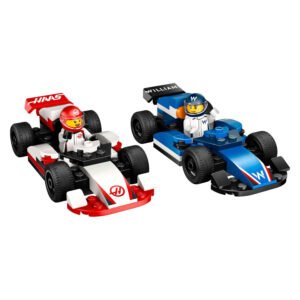 Twee LEGO City Formule 1 raceauto's in rood en blauw met coureurs