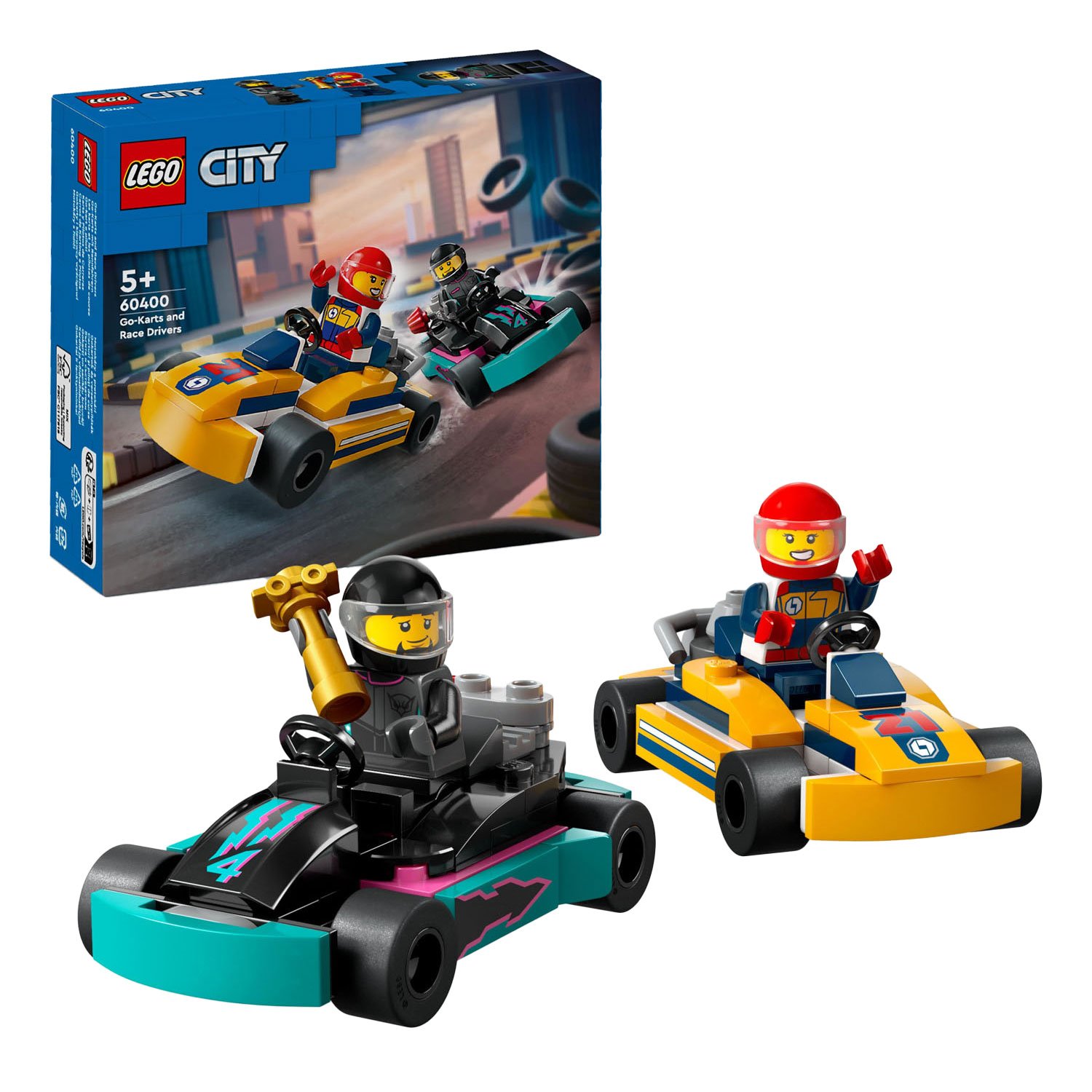 lego-city-karts-twee-racewagens-en-trofee LEGO City 60400 Karts en Racers racewagens en minifiguren met trofee met verpakking