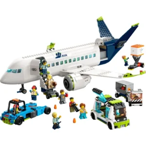 LEGO City passagiersvliegtuig met grondvoertuigen en minifiguren op vliegveld