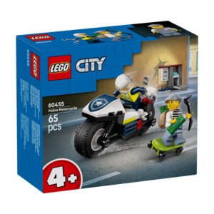 Voorkant LEGO City 60455 doos met politieagent op motor en achtervolging