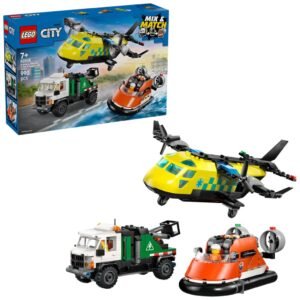 LEGO City 60505 Vliegtuig, Servicewagen en Hovercraft Remix set met verpakking en voertuigen uitgestald