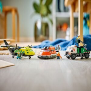 LEGO City voertuigen op vloer met helikopter, hovercraft en servicewagen