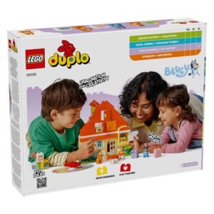 Verpakking achterkant van LEGO DUPLO Bluey met kinderen en educatieve voordelen