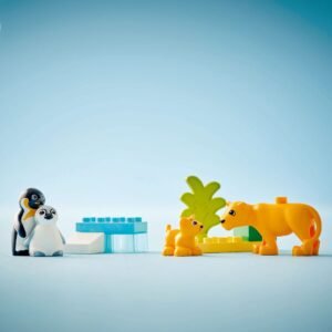 LEGO DUPLO dierenfamilies speelset met leeuwen en pinguïns op een blauwe achtergrond