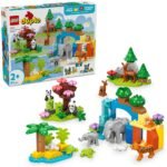 Opgebouwde LEGO DUPLO 10446 3-in-1 families van wilde dieren set met productdoos op de achtergrond