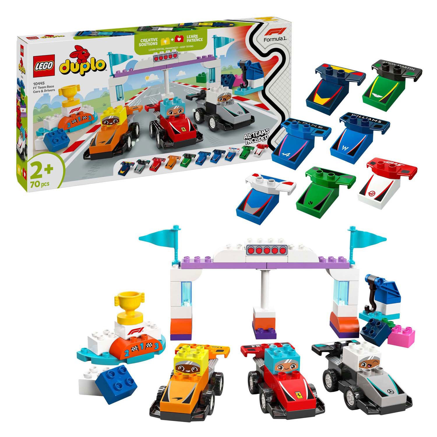 lego-duplo-f1-raceset-onderdelen-teams LEGO DUPLO 10445 F1 Team racewagens en Coureurs set met alle onderdelen en teams