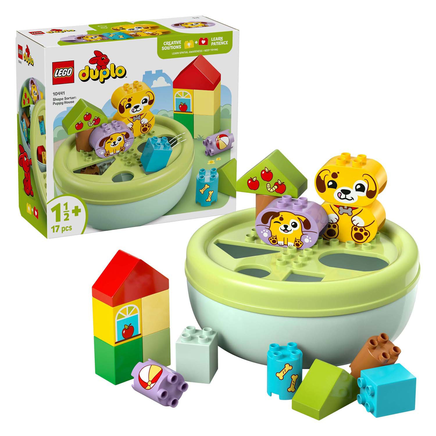 lego-duplo-vormenstoof-blokken-puppy-figuren LEGO DUPLO 10441 vormenstoof puppyhuis met doos, blokken en schattige puppyfiguren