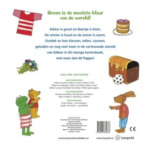 Achterkant van ‘Het grote flapjesboek van Kikker’ met speelse illustraties en boekinformatie