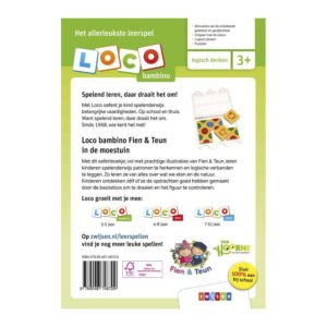 Achterkant van Loco Bambino Fien & Teun in de moestuin met uitleg over het educatieve leerspel voor kinderen van 3-5 jaar