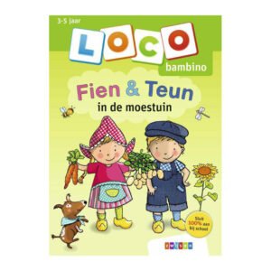 Voorkant van Loco Bambino Fien & Teun in de moestuin met illustraties van kinderen en groenten voor spelenderwijs leren Oefenboekje Loco Bambino Fien & Teun in de Moestuin