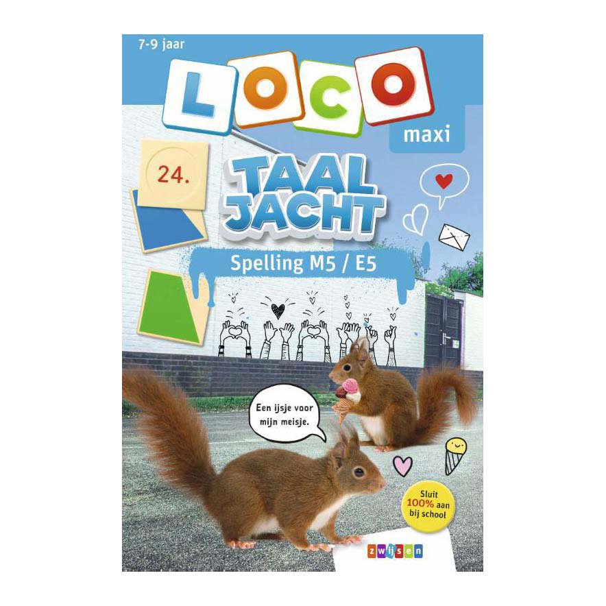 Loco maxi Taaljacht spelling M5/E5 voorkant met eekhoorns en kleurrijk ontwerp voor kinderen van 7-9 jaar Oefenboekje Loco Maxi Taaljacht Spelling M5 - E5