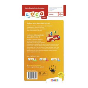 Achterkant van Loco Mini rekenspel groep 3 met uitleg en leeftijdsaanduiding 6+ jaar.