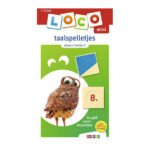 Voorkant van Loco mini taalspelletjes boekje voor kinderen van 7-8 jaar met uil illustratie Oefenboekje Loco Mini Taalspelletjes