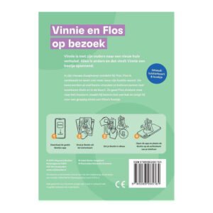Achterkant van luisterkaart Vinnie en Flos op bezoek met uitleg over het verhaal en gebruiksinstructies