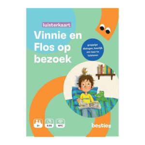 Voorkant van luisterkaart Vinnie en Flos op bezoek luisterkaart met illustratie van Vinnie en kleurrijke typografie