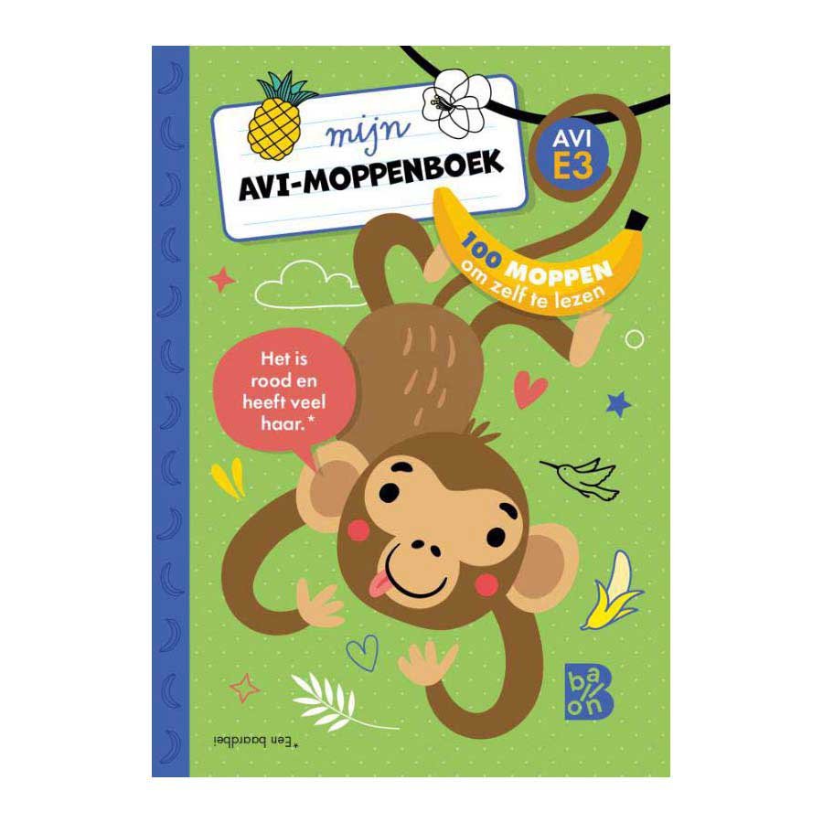 Voorkant van Mijn AVI-moppenboek - AVI E3 met illustratie van aap en kleurrijke elementen