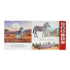 Binnenkant kinderboek over zebra’s met foto’s en geluidsknoppen