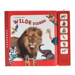 Interactief kinderboek met geluid over wilde dieren met leeuw op de cover Luisteren Naar Wilde Dieren Geluidenboek