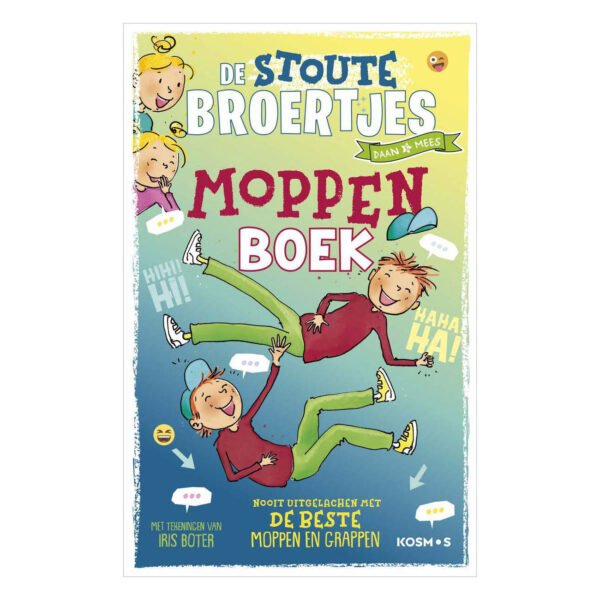Kleurrijke cover van De Stoute Broertjes moppenboek met lachende kinderen