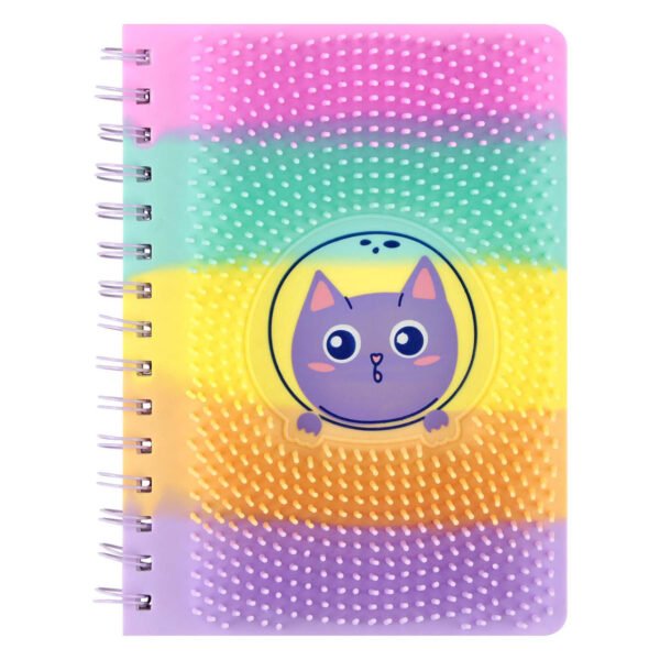 Kleurrijk notitieboek met schattige paarse kat en regenboogdesign op siliconen cover Siliconen Notitieboek A5 met Stekeltjes en Katje