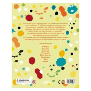 Achterkant Montessori oefenboek kleuren met kleurrijke verfspatten en boekinformatie voor peuters