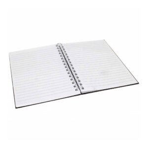 Open liggend notitieboek met gelinieerde pagina’s en spiraalbinding