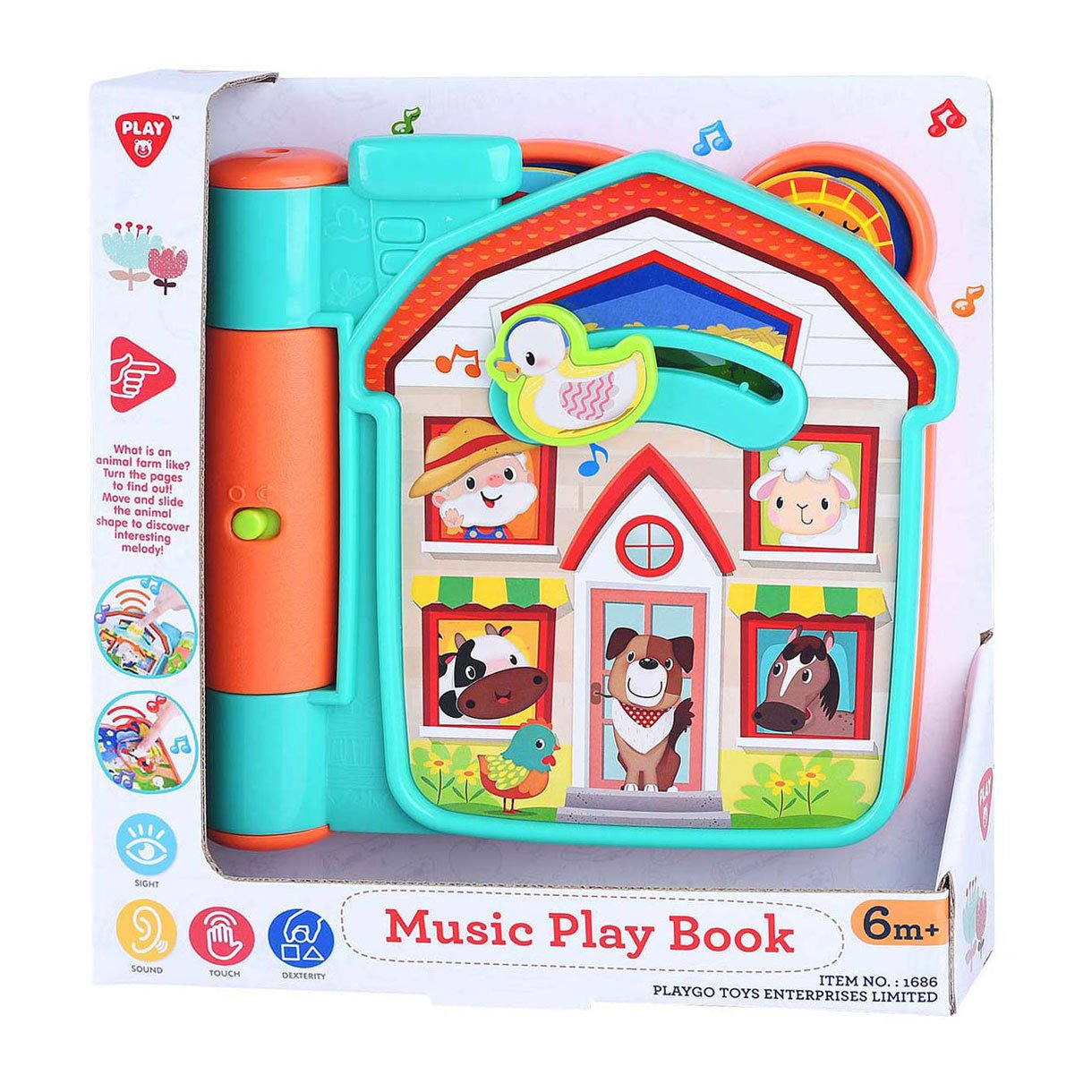 playgo-muzikaal-kinderboek-boerderijvorm-verpakking-speelboek Muzikaal kinderboek in boerderijvorm met dieren en kleurrijke illustraties in verpakking Playgo Geluidenboek Boerderij