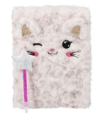 Pluche dagboek met kattengezicht en glitter toverstok-pen Notitieboek Pluche met Pen - Kat