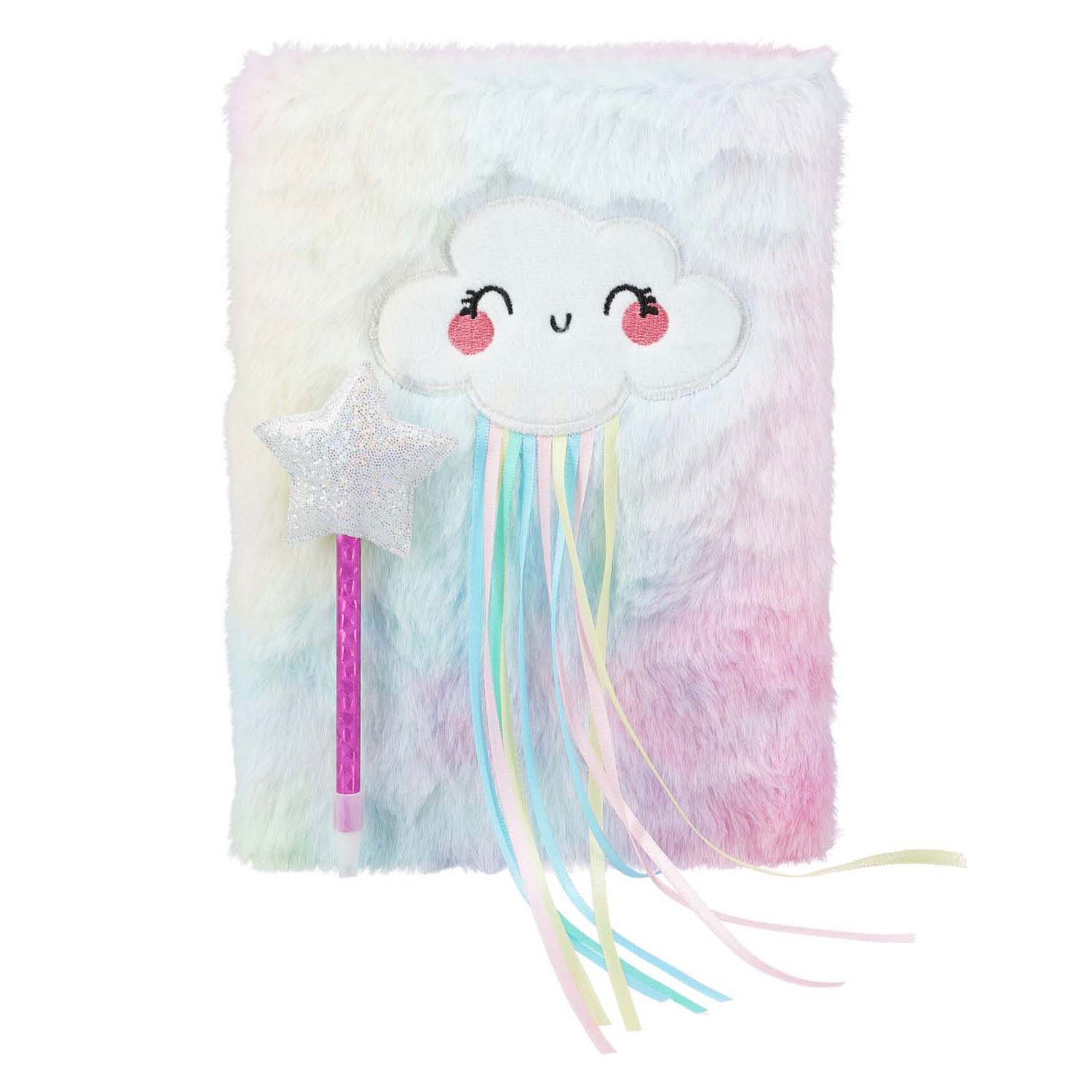 pluche-regenboogdagboek-met-wolkje-en-glitter-toverstaf Pluche regenboogdagboek met glimlachend wolkje en glitter toverstaf Notitieboek Pluche met Pen - Wolken
