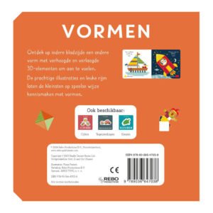 Achterkant van het kinderboek 'Vormen' met kleurrijke illustraties en informatie over het 3D-voelboek