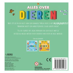 Achterkant van kinderboek 'Alles over dieren' met kleurrijke tekst en promotie van andere flapjesboeken