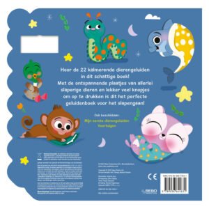Achterkant kinderboek met dieren en tekst over 22 rustgevende dierengeluiden