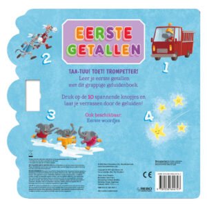 Achterkant van het kinderboek 'Eerste Getallen' met kleurrijke illustraties van dieren en cijfers