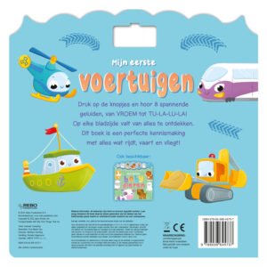 Achterkant van kinderboek 'Mijn eerste voertuigen' met kleurrijke illustraties van een helikopter, trein, schip en graafmachine.