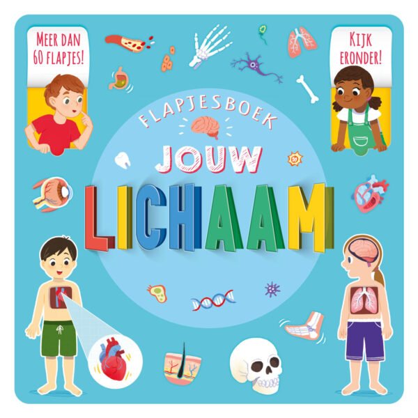 Voorkant van interactief flapjesboek voor kinderen over het menselijk lichaam met vrolijke tekeningen en organen Jouw Lichaam Flapjesboek