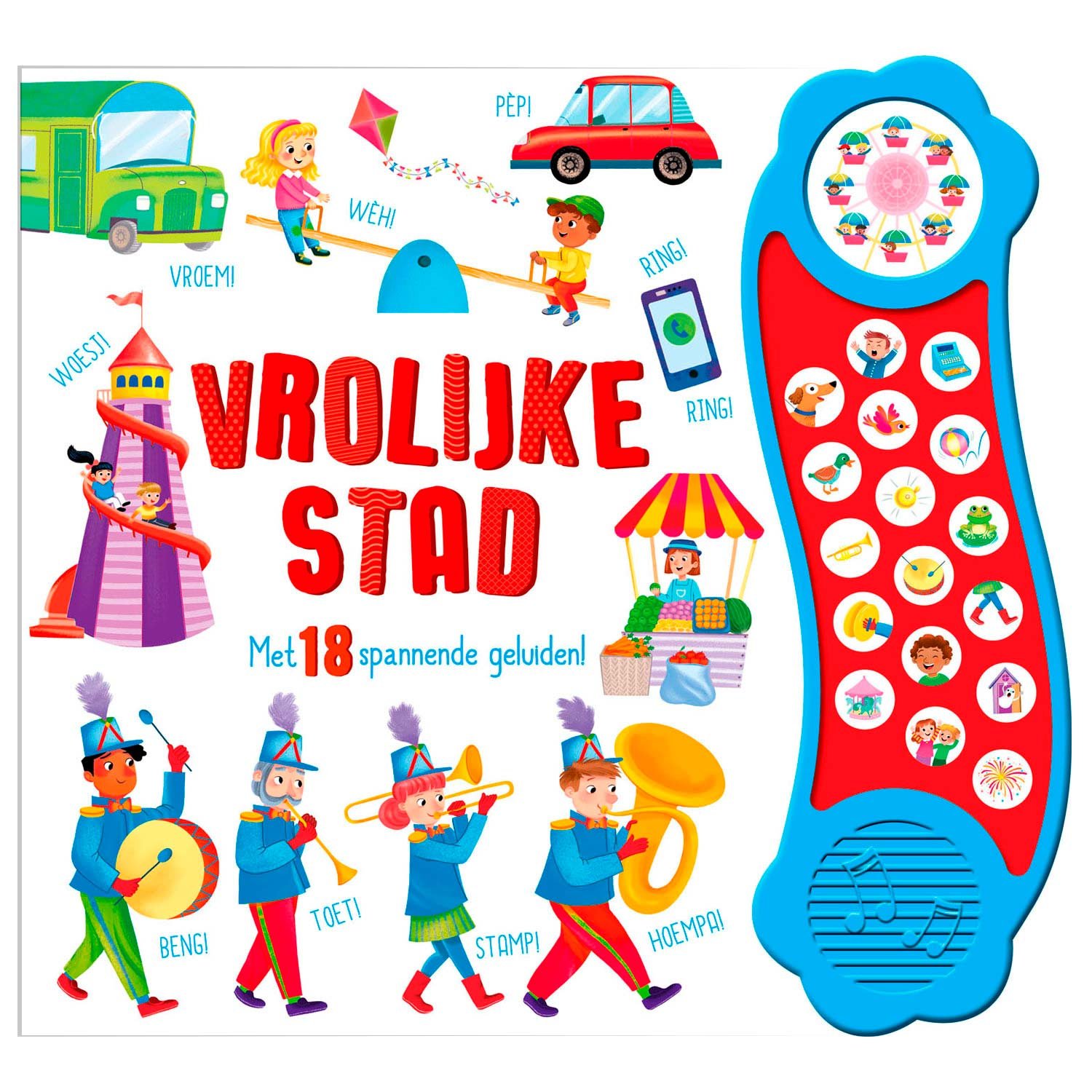 rebo-publishers-interactief-kinderboek-vrolijke-stad-met-geluiden Interactief kinderboek Vrolijke Stad met geluiden en kleurrijke illustraties van stadse avonturen Geluidenboek Vrolijke Stad