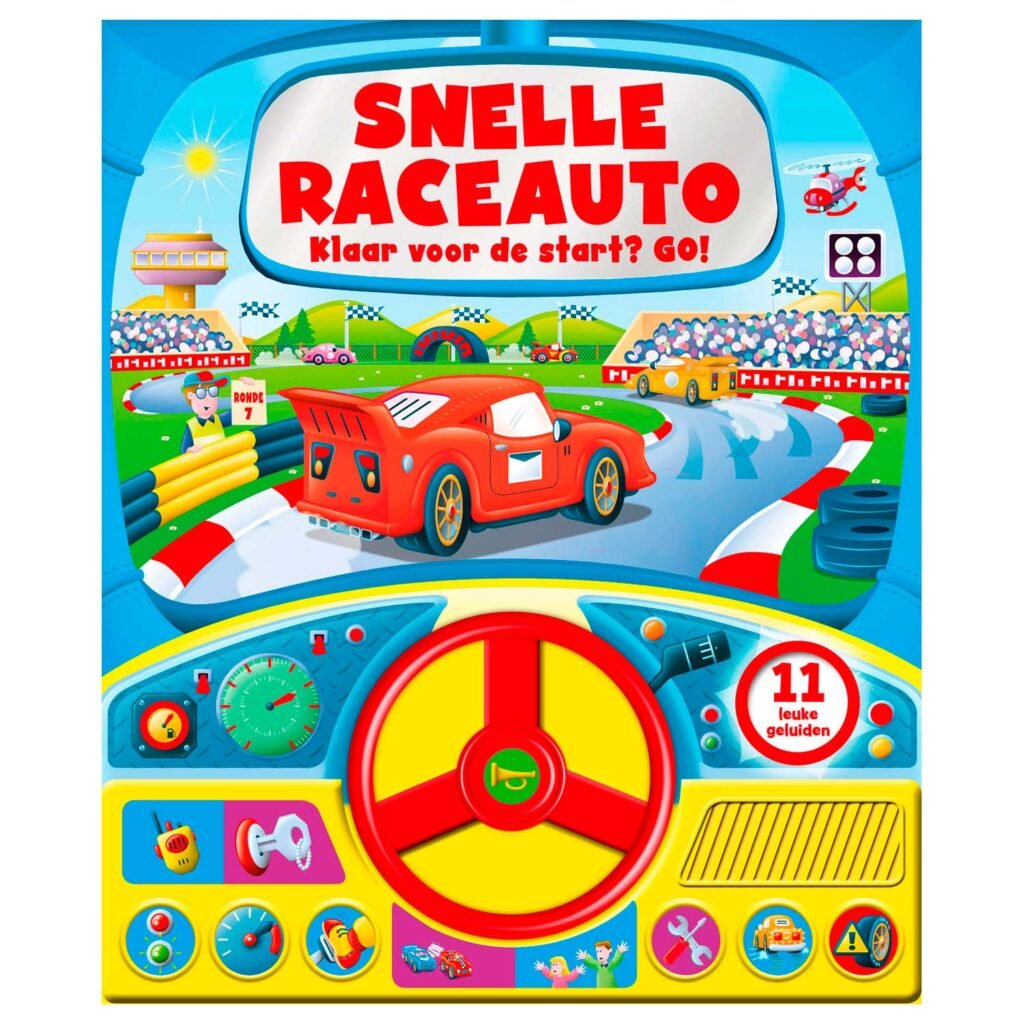 Kinderboek Snelle Raceauto met geluiden en kleurrijk racecircuit Geluidenboek Snelle Raceauto